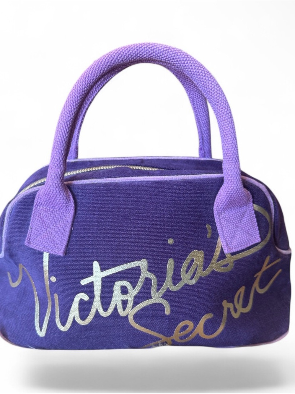 Victoria's Secret Purple Canvas Cosmetic Tote with Gold Script